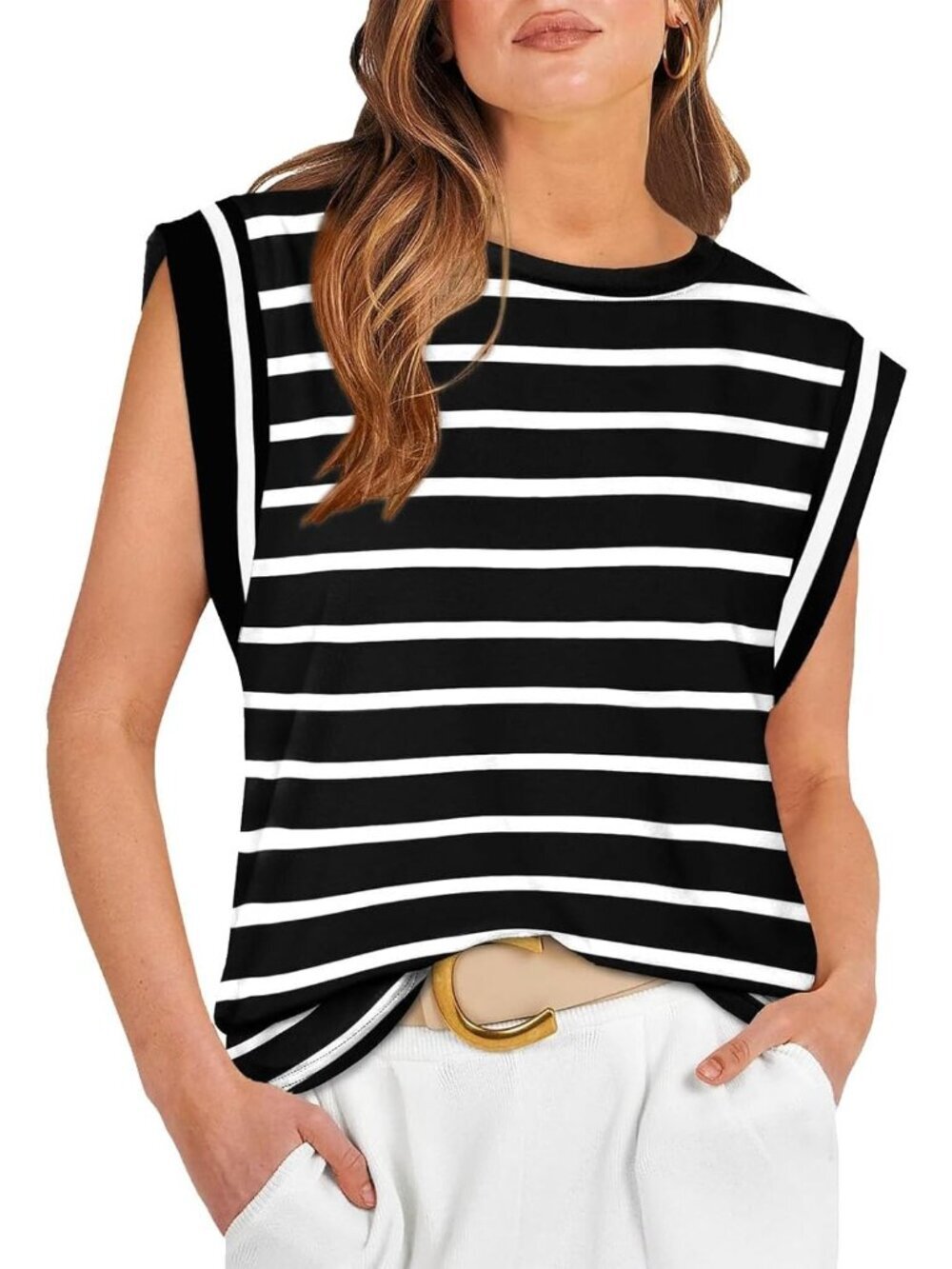 Women's Black Pull On Cap Sleeve Tank Tops Sleeve Striped Business Basic Shirts